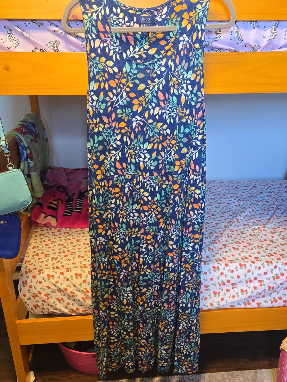 Denim&Co Navy Maxi Dress with Teal, Coral & White Leaf Print